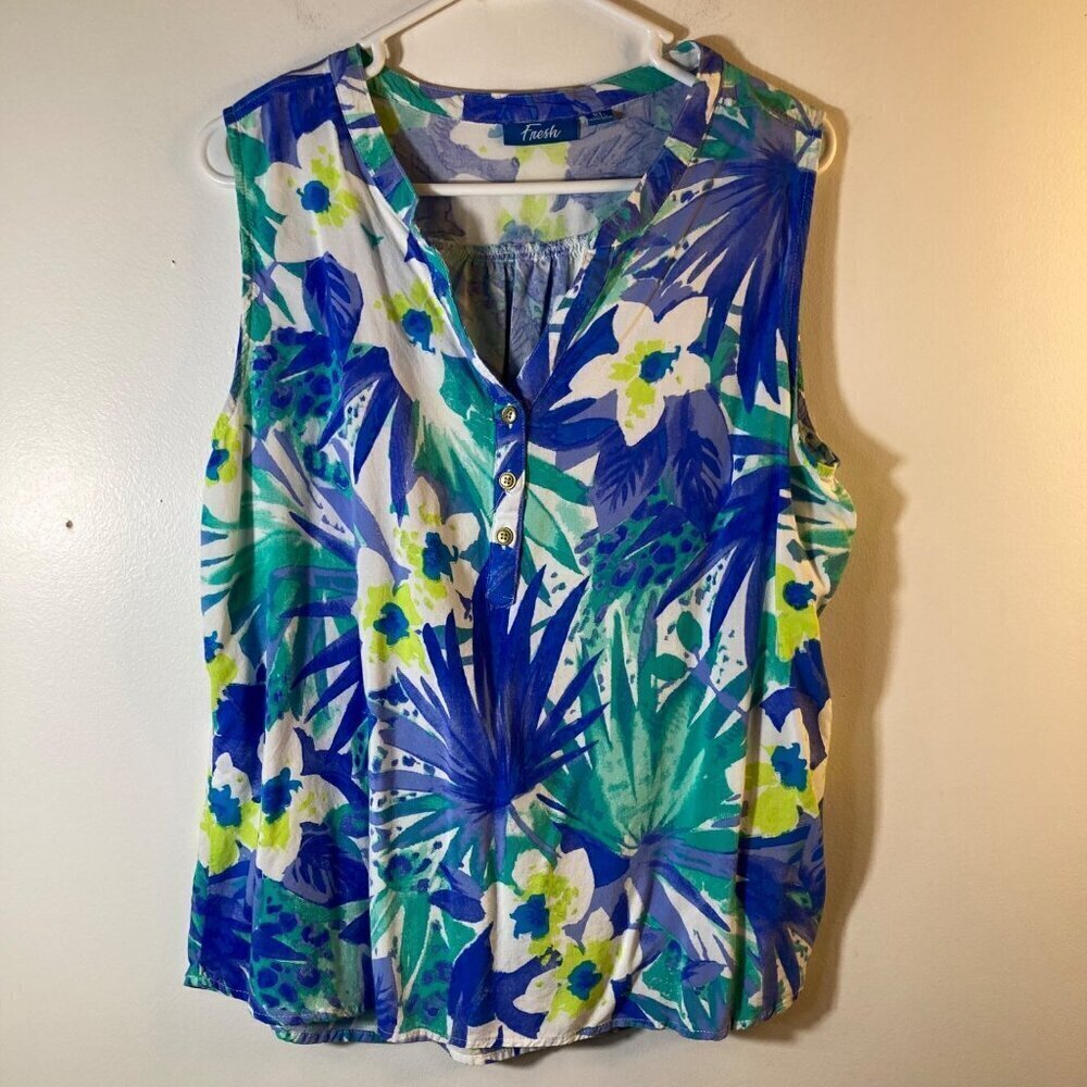 Womens Fresh Floral Top‎ Sleeveless Pullover Green Blue White XL Rayon